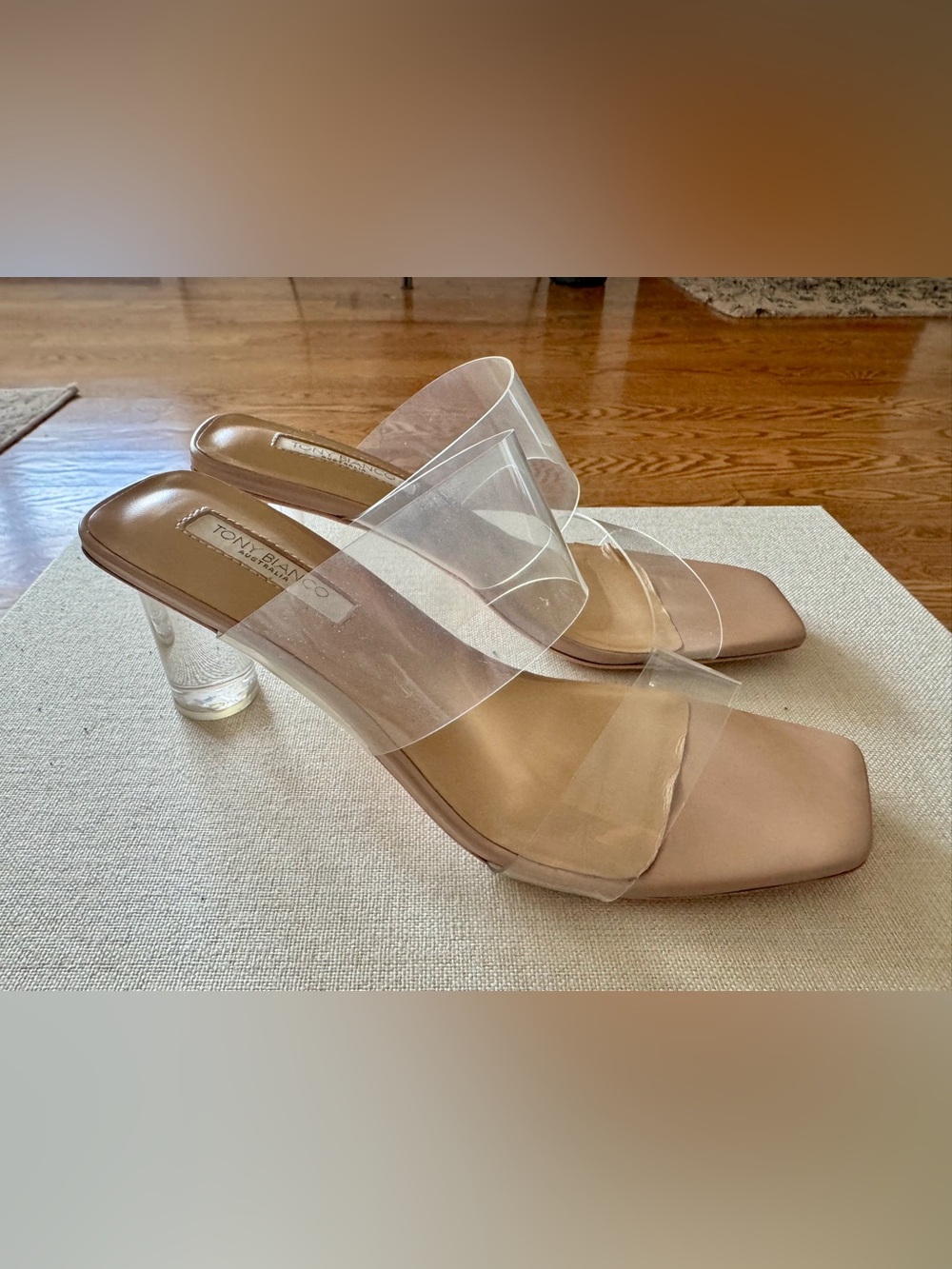 Tony Bianco Clear Strap Nude-Tan Slide Heels